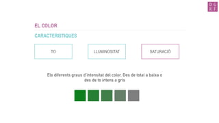 EL COLOR
EL SIGNIFICAT
El color és un dels elements gràfics que poden contribuir a la diferenciació del
nostre treball o obra.
Podem escollir uns colors que defineixin els nostres treballs.
 