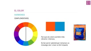 EL COLOR
ELS PERFILS - RGB
Haurem d’utilitzar aquest format sempre que el nostre producte estigui pensat
per ser visualitzat a les pantalles. (internet sRGB)
Per assegurar-nos que el nostre document tindrà els colors que volem podem
escollir el perfil al crear l’arxiu.
Formats d’arxius:
JPEG, JPG, PNG, GIF
TIFF, EPS, PDF, BMP
 
