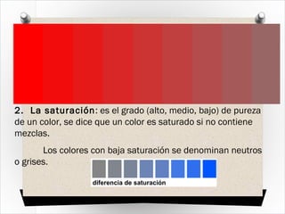 2. La saturación: es el grado (alto, medio, bajo) de pureza
de un color, se dice que un color es saturado si no contiene
mezclas.
Los colores con baja saturación se denominan neutros
o grises.
 