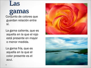 LasLas
gamasgamas
Conjunto de colores que
guardan relación entre
sí.
La gama caliente, que es
aquella en la que el rojo
está presente en mayor
o menor medida.
La gama fría, que es
aquella en la que el
color presente es el
azul.
 