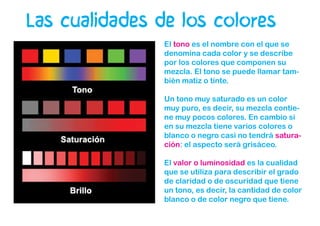 Las cualidades de los colores
El tono es el nombre con el que se
denomina cada color y se describe
por los colores que componen su
mezcla. El tono se puede llamar tam-
bién matiz o tinte.
Un tono muy saturado es un color
muy puro, es decir, su mezcla contie-
ne muy pocos colores. En cambio si
en su mezcla tiene varios colores o
blanco o negro casi no tendrá satura-
ción: el aspecto será grisáceo.
El valor o luminosidad es la cualidad
que se utiliza para describir el grado
de claridad o de oscuridad que tiene
un tono, es decir, la cantidad de color
blanco o de color negro que tiene.
 