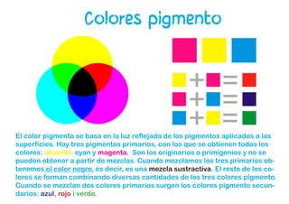 Colores pigmento
El color pigmento se basa en la luz reflejada de los pigmentos aplicados a las
superficies. Hay tres pigmentos primarios, con los que se obtienen todos los
colores: amarillo, cyan y magenta. Son los originarios o primigenios y no se
pueden obtener a partir de mezclas. Cuando mezclamos los tres primarios ob-
tenemos el color negro, es decir, es una mezcla sustractiva. El resto de los co-
lores se forman combinando diversas cantidades de los tres colores pigmento.
Cuando se mezclan dos colores primarios surgen los colores pigmento secun-
darios: azul, rojo i verde.
 