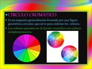 CÍRCULO CROMÁTICO
 Es un esquema generalmente formado por una figura
geométrica circular, que sirve para ordenar los colores.
 Los colores opuestos en el círculo cromático son colores
complementarios.
 