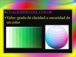 CUALIDADES DEL COLOR
Valor: grado de claridad u oscuridad de
un color
 