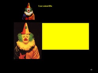 Hace que casi todos los colores parezcan  más anaranjados, y el naranja más amarillo . Los azules claros se vuelven en violetas grisáceos, los azules oscuros pardos. Los verdes se tornan grises y verdes azules se tornan más verdes. La luz de un amarillo pálido afecta a colores pálidos y al blanco.. Una luz color melocotón  favorece a la piel sube de tono a los rosas  . La luz naranja y ámbar tienden a enrojecer los a amarillos,  a  intensificar  los rojos y – y naranja  y a convertir a los verdes, azul---y violetas en tonalidades pardogrisáceas. Luz amarilla 