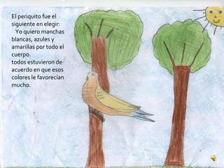 El periquito fue el siguiente en elegir: Yo quiero manchas blancas, azules y amarillas por todo el cuerpo. todos estuvieron de acuerdo en que esos colores le favorecían  mucho.  