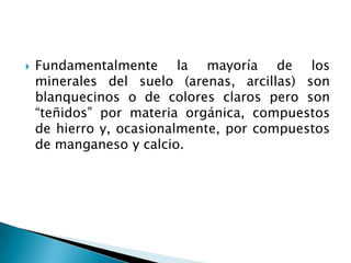  Fundamentalmente la mayoría de los
minerales del suelo (arenas, arcillas) son
blanquecinos o de colores claros pero son
“teñidos” por materia orgánica, compuestos
de hierro y, ocasionalmente, por compuestos
de manganeso y calcio.
 