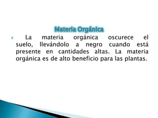  La materia orgánica oscurece el
suelo, llevándolo a negro cuando está
presente en cantidades altas. La materia
orgánica es de alto beneficio para las plantas.
 