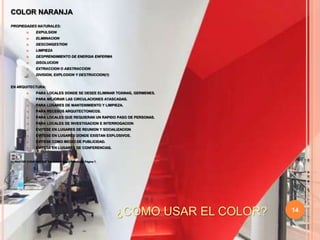 14COLOR NARANJAPROPIEDADES NATURALES:EXPULSIONELIMINACIONDESCONGESTIONLIMPIEZADESPRENDIMIENTO DE ENERGIA ENFERMADISOLUCIONEXTRACCION O ABSTRACCIONDIVISION, EXPLOSION Y DESTRUCCION(1)EN ARQUITECTURA:PARA LOCALES DONDE SE DESEE ELIMINAR TOXINAS, GERMENES.PARA MEJORAR LAS CIRCULACIONES ATASCADAS.PARA LUGARES DE MANTENIMIENTO Y LIMPIEZA.PARA RECESOS ARQUITECTONICOS.PARA LOCALES QUE REQUIERAN UN RAPIDO PASO DE PERSONAS.PARA LOCALES DE INVESTIGACION E INTERROGACIONEVITESE EN LUGARES DE REUNION Y SOCIALIZACIONEVITESE EN LUGARES DONDE EXISTAN EXPLOSIVOS.EVITESE COMO MEDIO DE PUBLICIDAD.EVITESE EN LUGARES DE CONFERENCIAS.(1) MASTER CHOA KOK SUI. Sanación Pránica Avanzada. Página 7.¿COMO USAR EL COLOR?