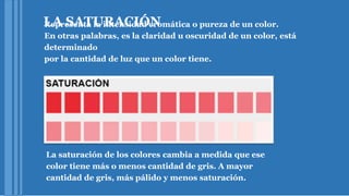 LA SATURACIÓNRepresenta la intensidad cromática o pureza de un color.
En otras palabras, es la claridad u oscuridad de un color, está
determinado
por la cantidad de luz que un color tiene.
La saturación de los colores cambia a medida que ese
color tiene más o menos cantidad de gris. A mayor
cantidad de gris, más pálido y menos saturación.
 