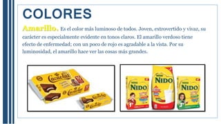 Amarillo. Es el color más luminoso de todos. Joven, extrovertido y vivaz, su
carácter es especialmente evidente en tonos claros. El amarillo verdoso tiene
efecto de enfermedad; con un poco de rojo es agradable a la vista. Por su
luminosidad, el amarillo hace ver las cosas más grandes.
COLORES
 