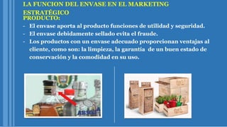 LA FUNCION DEL ENVASE EN EL MARKETING
ESTRATÉGICO
PRODUCTO:
- El envase aporta al producto funciones de utilidad y seguridad.
- El envase debidamente sellado evita el fraude.
- Los productos con un envase adecuado proporcionan ventajas al
cliente, como son: la limpieza, la garantía de un buen estado de
conservación y la comodidad en su uso.
 