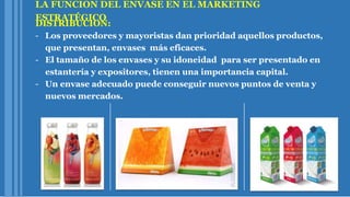 LA FUNCION DEL ENVASE EN EL MARKETING
ESTRATÉGICO
DISTRIBUCION:
- Los proveedores y mayoristas dan prioridad aquellos productos,
que presentan, envases más eficaces.
- El tamaño de los envases y su idoneidad para ser presentado en
estantería y expositores, tienen una importancia capital.
- Un envase adecuado puede conseguir nuevos puntos de venta y
nuevos mercados.
 