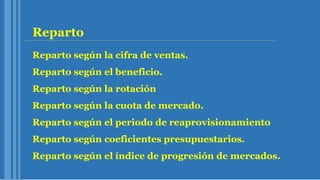 Reparto
Reparto según la cifra de ventas.
Reparto según el beneficio.
Reparto según la rotación
Reparto según la cuota de mercado.
Reparto según el periodo de reaprovisionamiento
Reparto según coeficientes presupuestarios.
Reparto según el índice de progresión de mercados.
 