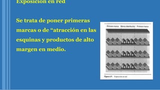 Exposición en red
Se trata de poner primeras
marcas o de “atracción en las
esquinas y productos de alto
margen en medio.
 