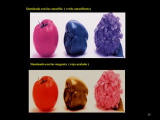Iluminado con luz amarilla  ( verde amarillento) Iluminado con luz magenta  ( rojo azulado   ) 