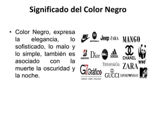 Significado del Color Negro
• Color Negro, expresa
la elegancia, lo
sofisticado, lo malo y
lo simple, también es
asociado con la
muerte la oscuridad y
la noche.
 