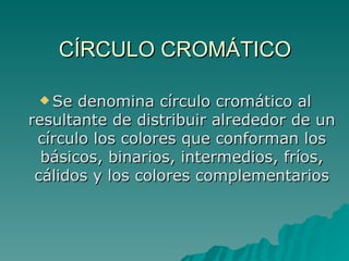 CÍRCULO CROMÁTICO Se denomina círculo cromático al resultante de distribuir alrededor de un círculo los colores que conforman los básicos, binarios, intermedios, fríos, cálidos y los colores complementarios 