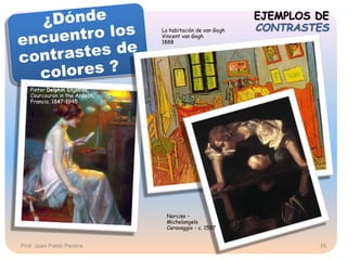 EJEMPLOS DE
CONTRASTES
Prof. Juan Pablo Pereira
Pintor Delphin Enjolras,
Courcouron in the Ardech,
Francia, 1847-1945
La habitación de van Gogh
Vincent van Gogh
1888
Narciso –
Michelangelo
Caravaggio - c. 1597
19
 