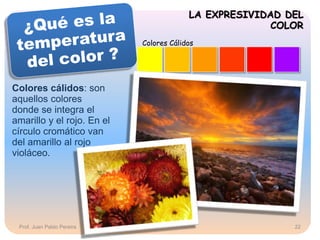 Colores cálidos: son
aquellos colores
donde se integra el
amarillo y el rojo. En el
círculo cromático van
del amarillo al rojo
violáceo.
LA EXPRESIVIDAD DEL
COLOR
Colores Cálidos
Prof. Juan Pablo Pereira 22
 
