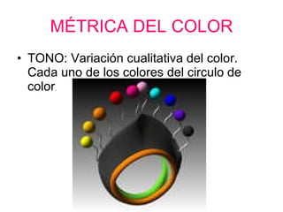 MÉTRICA DEL COLOR TONO: Variación cualitativa del color. Cada uno de los colores del circulo de color . 