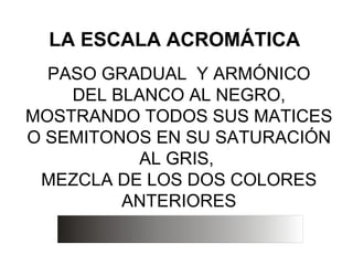 LA ESCALA ACROMÁTICA PASO GRADUAL  Y ARMÓNICO DEL BLANCO AL NEGRO, MOSTRANDO TODOS SUS MATICES O SEMITONOS EN SU SATURACIÓN AL GRIS,  MEZCLA DE LOS DOS COLORES ANTERIORES 