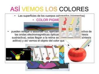 ASÍ   VEMOS   LOS   COLORES Las superficies de los cuerpos coloreados (pigmentos) COLOR PIGMENTO pueden reflejar o absorber luz, ejerciendo una acción selectiva de las ondas electromagnéticas ópticas (luz) (mezcla o síntesis sustractiva), estas llegan a la retina se mezcla (mezcla o síntesis aditiva) y así vemos el objeto del color que es, rojo, naranja etc. 