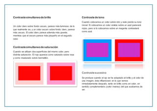 Contrastesimultaneode brillo
Un color claro sobre fondo oscuro, parece más luminoso de lo
que realmente es; y un color oscuro sobre fondo claro, parece
más oscuro. El color claro parece además más grande,
mientras que el oscuro parece más pequeño en el segundo
caso
Contrastesimultaneode saturación
Cuando se utilizan dos superficies del mismo color, pero
distinta saturación. El rojo aparece como saturado sobre rosa
y como insaturado sobre bermellón.
Contrastede tono
Cuando colocamos un color sobre otro y este pierde su tono
inicial. Si colocamos un color violeta sobre un azul parecerá
rojizo, pero si lo colocamos sobre un magenta contrastará
como azul.
Contrastesucesivo
Se produce cuando el ojo se ha adaptado al brillo y al color de
una imagen, ésta influenciará en lo que vemos
inmediatamente después, tanto en brillo como en color, en
sentido complementario (color inverso) del que acabamos de
ver.
 