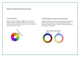 Colores claros o luminososy oscuros
Los colores claros:
Inspiran limpieza, juventud, jovialidad, como ocurre con
amarillos, verdes y naranjas, mientras que los oscuros
inspiran seriedad, madurez, calma, como es el caso de los
tonos rojos, azules y negros.
Colores apagados o sucios y los colores pastel:
Obtenidos cuando se aumenta o disminuye la luminosidad de
todo el círculo cromático. Los colores apagados expresan
oscuridad, muerte, seriedad, mientras que los pastel sugieren
luz, frescura y naturalidad.
 