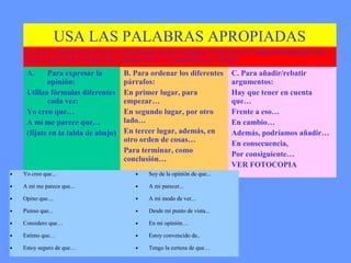 USA LAS PALABRAS APROPIADAS
     ES MUY IMPORTANTE QUE UTILICEMOS MARCADORES TEXTUALES Y ORGANIZADORES DEL
     DISCURSO PARA OFRECER COHERENCIA Y COHESIÓN AL TEXTO.
     A.     Para expresar la         B. Para ordenar los diferentes       C. Para añadir/rebatir
            opinión:                 párrafos:                            argumentos:
     Utiliza fórmulas diferentes     En primer lugar, para                Hay que tener en cuenta
            cada vez:                empezar…                             que…
     Yo creo que…                    En segundo lugar, por otro           Frente a eso…
     A mí me parece que…             lado…                                En cambio…
     (fíjate en la tabla de abajo)   En tercer lugar, además, en          Además, podríamos añadir…
                                     otro orden de cosas…                 En consecuencia,
                                     Para terminar, como                  Por consiguiente…
                                     conclusión…
                                                                          VER FOTOCOPIA
•   Yo creo que...                      •   Soy de la opinión de que...

•   A mí me parece que...               •   A mi parecer...

•   Opino que....                       •   A mi modo de ver...

•   Pienso que...                       •   Desde mi punto de vista...

•   Considero que…                      •   En mi opinión…

•   Estimo que…                         •   Estoy convencido de..

•   Estoy seguro de que…                •   Tengo la certeza de que…
 