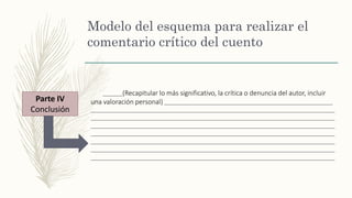 Modelo del esquema para realizar el
comentario crítico del cuento
______(Recapitular lo más significativo, la crítica o denuncia del autor, incluir
una valoración personal) ___________________________________________________
__________________________________________________________________________
__________________________________________________________________________
__________________________________________________________________________
__________________________________________________________________________
__________________________________________________________________________
__________________________________________________________________________
__________________________________________________________________________
Parte IV
Conclusión
 