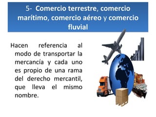 5- Comercio terrestre, comercio
marítimo, comercio aéreo y comercio
fluvial
Hacen referencia al
modo de transportar la
mercancía y cada uno
es propio de una rama
del derecho mercantil,
que lleva el mismo
nombre.

 