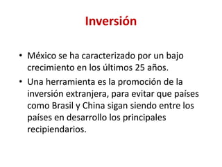 Pero su elección no implica necesariamente adquirir la más avanzada o de punta, sino la más adecuada a la estrategia comercial que se haya diseñado, y debe prever el impacto ecológico y el cumplimiento de normas exigibles en los mercados de destino, verdaderos prerrequisitos de todo el sistema global de intercambio de bienes.Diversificación ProductivaMéxico ha debilitado su posición competitiva a nivel internacional, por lo que se necesita replantear nuestras estrategias de comercio exterior.