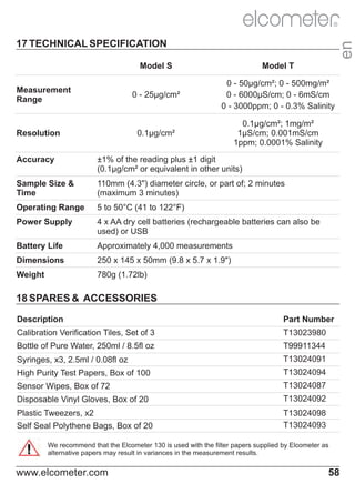 R

en

17 TECHNICAL SPECIFICATION
Model S
0 - 25μg/cm²

Resolution

0 - 50μg/cm²; 0 - 500mg/m²
0 - 6000μS/cm; 0 - 6mS/cm
0 - 3000ppm; 0 - 0.3% Salinity

0.1μg/cm²

Measurement
Range

Model T

0.1μg/cm²; 1mg/m²
1μS/cm; 0.001mS/cm
1ppm; 0.0001% Salinity

Accuracy

±1% of the reading plus ±1 digit
(0.1μg/cm² or equivalent in other units)

Sample Size &
Time

110mm (4.3") diameter circle, or part of; 2 minutes
(maximum 3 minutes)

Operating Range

5 to 50°C (41 to 122°F)

Power Supply

4 x AA dry cell batteries (rechargeable batteries can also be
used) or USB

Battery Life

Approximately 4,000 measurements

Dimensions

250 x 145 x 50mm (9.8 x 5.7 x 1.9")

Weight

780g (1.72lb)

18 SPARES & ACCESSORIES
Description

Part Number

Calibration Verification Tiles, Set of 3

T13023980

Bottle of Pure Water, 250ml / 8.5fl oz

T99911344

Syringes, x3, 2.5ml / 0.08fl oz

T13024091

High Purity Test Papers, Box of 100

T13024094

Sensor Wipes, Box of 72

T13024087

Disposable Vinyl Gloves, Box of 20

T13024092

Plastic Tweezers, x2
Self Seal Polythene Bags, Box of 20

T13024098
T13024093

We recommend that the Elcometer 130 is used with the filter papers supplied by Elcometer as
alternative papers may result in variances in the measurement results.

www.elcometer.com

58

 