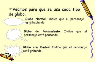 Veamos para que se usa cada tipo de globo. Globo Normal : Indica que el personaje está hablando Globo de Pensamiento : Indica que el personaje está pensando. Globo con Puntas : Indica que el personaje está gritando. 