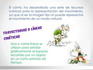 El cómic ha desarrollado una serie de recursos icónicos para la representación del movimiento, ya que al ser la imagen fija no puede representar el movimiento de un modo natural. 
Una o varias líneas se utilizan para señalar gráficamente el espacio recorrido por un objeto en un corto período de tiempo.  