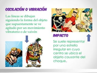 Oscilación o vibración 
Las líneas se dibujan siguiendo la forma del objeto que supuestamente se ve agitado por un movimiento vibratorio o de vaivén 
Impacto 
Se suele representar por una estrella irregular en cuyo centro se ubica el objeto causante del choque.  