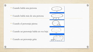 • Cuando habla una persona
• Cuando habla más de una persona
• Cuando el personaje piensa
• Cuando un personaje habla en voz baja
• Cuando un personaje grita