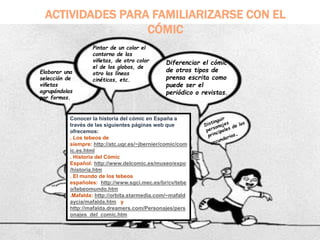 ACTIVIDADES PARA FAMILIARIZARSE CON EL
CÓMIC
Conocer la historia del cómic en España a
través de las siguientes páginas web que
ofrecemos:
. Los tebeos de
siempre: http://atc.ugr.es/~jbernier/comic/com
ic.es.html
. Historia del Cómic
Español: http://www.delcomic.es/museo/expo
/historia.htm
. El mundo de los tebeos
españoles: http://www.sgci.mec.es/br/cv/tebe
o/tebeomundo.htm
.Mafalda: http://orbita.starmedia.com/~mafald
aycia/mafalda.htm y
http://mafalda.dreamers.com/Personajes/pers
onajes_del_comic.htm
Elaborar una
selección de
viñetas
agrupándolas
por formas.
Pintar de un color el
contorno de las
viñetas, de otro color
el de los globos, de
otro las líneas
cinéticas, etc.
Diferenciar el cómic
de otros tipos de
prensa escrita como
puede ser el
periódico o revistas.
 