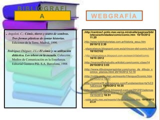 BIBLIOGRAFÍ
A
. Angoloti, C,: Cómic, títeres y teatro de sombras.
Tres formas plásticas de contar historias.
Ediciones de la Torre, Madrid, 1990.
. Rodríguez Diéguez, J.L.: El cómic y su utilización
didáctica. Los tebeos en la escuela. Colección
Medios de Comunicación en la Enseñanza.
Editorial Gustavo Pili. S.A. Barcelona, 1988
WEBGRAFÍA
.http://centros1.pntic.mec.es/cp.miralvalle/paginas/bibl
ioteca/actividades/comic/comic.htm 18/10/2012
11:20
.http://www.todohistorietas.com.ar/historia_eeuu.htm
20/10/12 2:30
. olgacatasus.blogspot.com.es/p/rincon-del-comic.html
18/10/2102
. http://olgacatasus.blogspot.com.es/search/label/comic
18/10 /2012
.http://marmotfishstudio.wikidot.com/comic:clase14
20/10/2012 3:03
.http://www.dibujosparapintar.com/curso_de_dibujo_c
omics_planos.html 20/10/2012 12:18
.http://roble.pntic.mec.es/msanto1/lengua/2comic.htm
20/10/2012 12:47
.http://comics20.wikispaces.com/Fundamentos+te%C3
%B3ricos 19/10/2012 18:35
.http://comicprimaria.blogspot.com.es/2012/01/ademas
-podemos-decir-que-en-funcion-del.html
19/10/2012 18:51
. roble.pntic.mec.es/msanto1/lengua/2comic.htm 19/10/2012
23:21
 