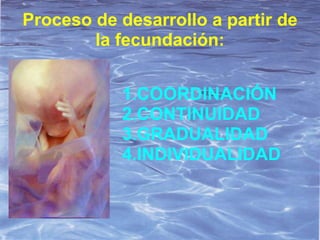 Proceso de desarrollo a partir de
        la fecundación:


           1.COORDINACIÓN
           2.CONTINUIDAD
           3.GRADUALIDAD
           4.INDIVIDUALIDAD
 