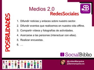 Medios 2.0

1. Difundir noticias y enlaces sobre nuestro sector.
2. Difundir eventos que realicemos en nuestra vida offline.
3. Compartir vídeos y fotografías de actividades.
4. Acercarse a las personas (interactuar con ellas).
5. Realizar encuestas.
6. …
 