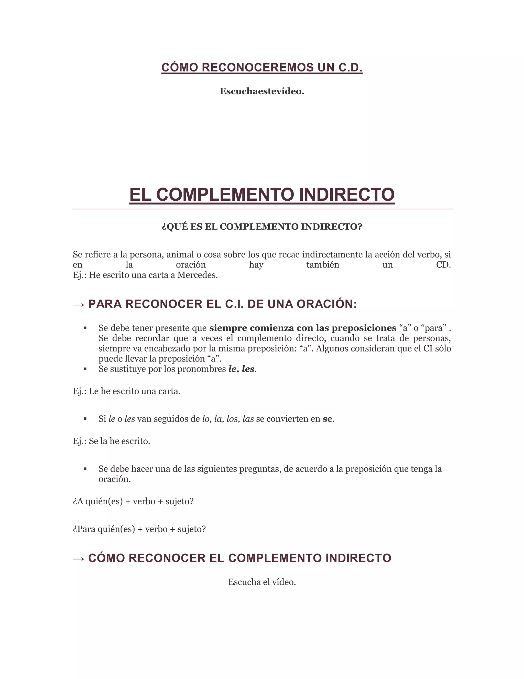 El complemento directo e indirecto | DOCX