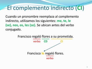 El complemento indirecto (CI)
Cuando un pronombre reemplaza al complemento
indirecto, utilizamos los siguientes: me, te, l...