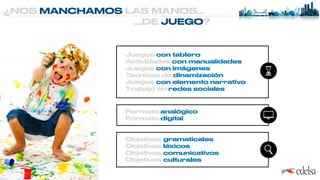 ¿NOS MANCHAMOS LAS MANOS…
…DE JUEGO?
Juegos con tablero


Actividades con manualidades


Juegos con imágenes


Técnicas de dinamización


Juegos con elemento narrativo


Trabajo en redes sociales
Objetivos gramaticales


Objetivos léxicos


Objetivos comunicativos


Objetivos culturales
Formato analógico


Formato digital
 