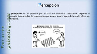 Percepción
La percepción es el proceso por el cual un individuo selecciona, organiza e
interpreta las entradas de información para crear una imagen del mundo plena de
significado.
Factores
psicológicos
 