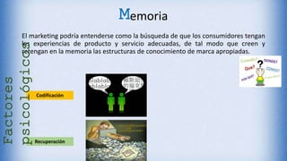 El marketing podría entenderse como la búsqueda de que los consumidores tengan
las experiencias de producto y servicio adecuadas, de tal modo que creen y
retengan en la memoria las estructuras de conocimiento de marca apropiadas.
Memoria
Codificación
Recuperación
Factores
psicológicos
 