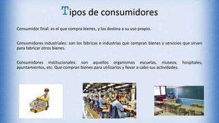 Consumidor final: es el que compra bienes, y los destina a su uso propio.
Consumidores industriales: son los fabricas o industrias que compran bienes y servicios que sirven
para fabricar otros bienes.
Consumidores institucionales: son aquellos organismos escuelas, museos, hospitales,
ayuntamientos, etc. Que compran bienes para utilizarlos y llevar a cabo sus actividades.
Tipos de consumidores
 
