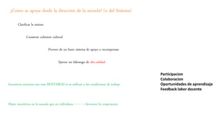 ¿Como se apoya desde la direccion de la escuela? (o del Sistema)
Clarificar la mision
Construir cohesion cultural
Proveer de un buen sistema de apoyo o recompensas
Ejercer un liderazgo de alta calidad
Incentivos externos son mas RENTABLES si se utilizan a las condiciones de trabajo
Participacion
Colaboracion
Oportunidades de aprendizaje
Feedback labor docente
Mejor incentivos en la escuela que en individuos -------- > favorecer la cooperacion
 