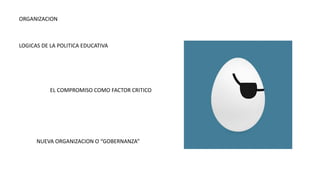 ORGANIZACION
LOGICAS DE LA POLITICA EDUCATIVA
EL COMPROMISO COMO FACTOR CRITICO
NUEVA ORGANIZACION O “GOBERNANZA”
 